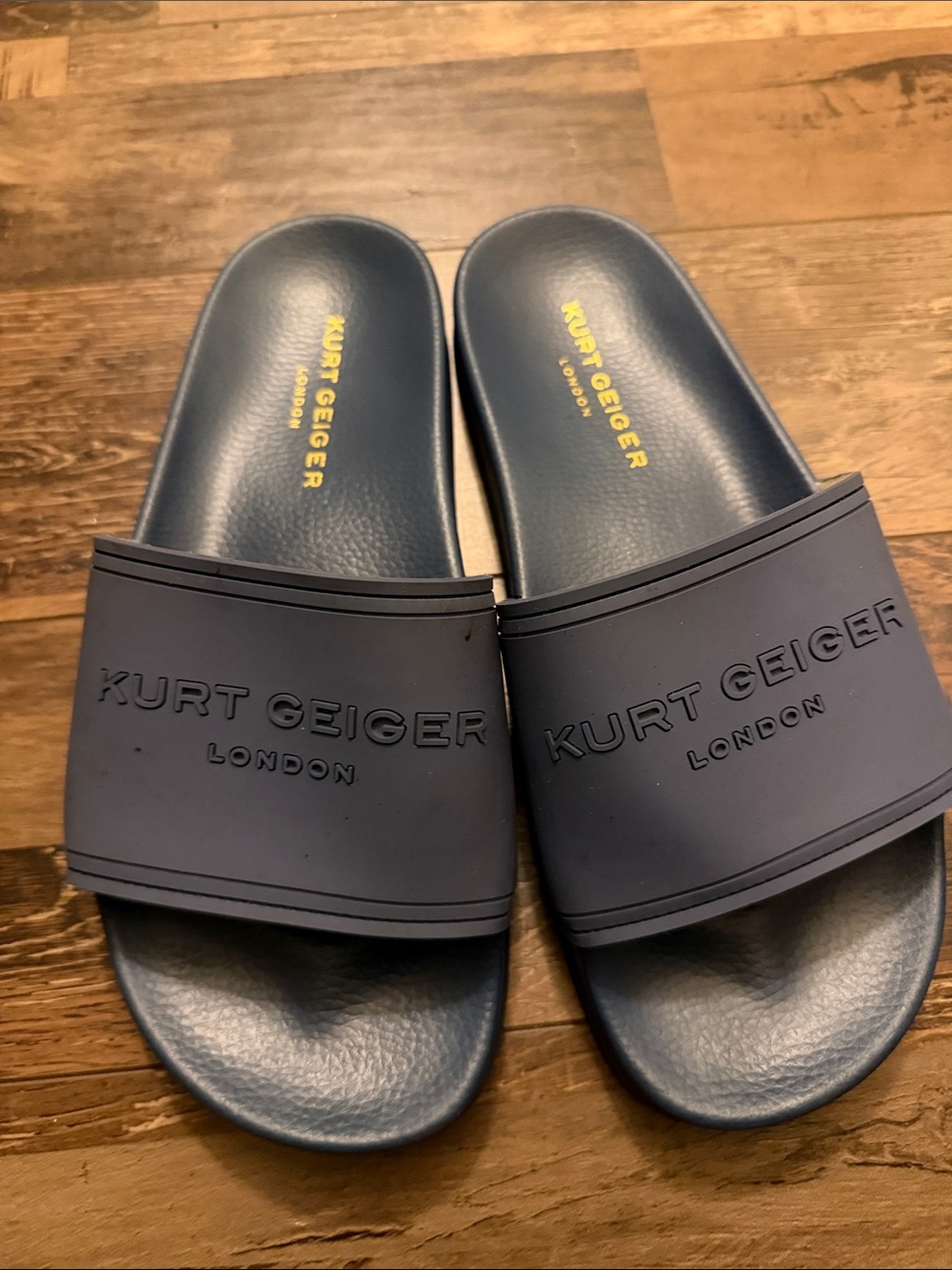 Kurt Geiger Navy Embossed Logo Slide Sandals with Gold Print